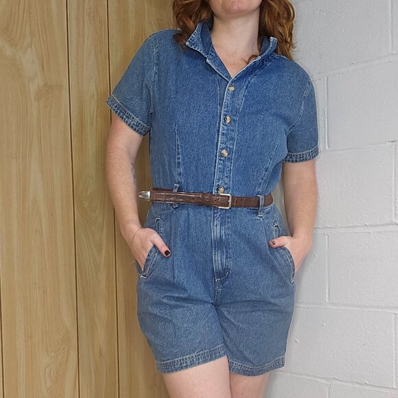 Vintage Deadstock Western Preppy Denim Shorts Button Down Belted Romper Jumpsuit - Picture 1 of 14